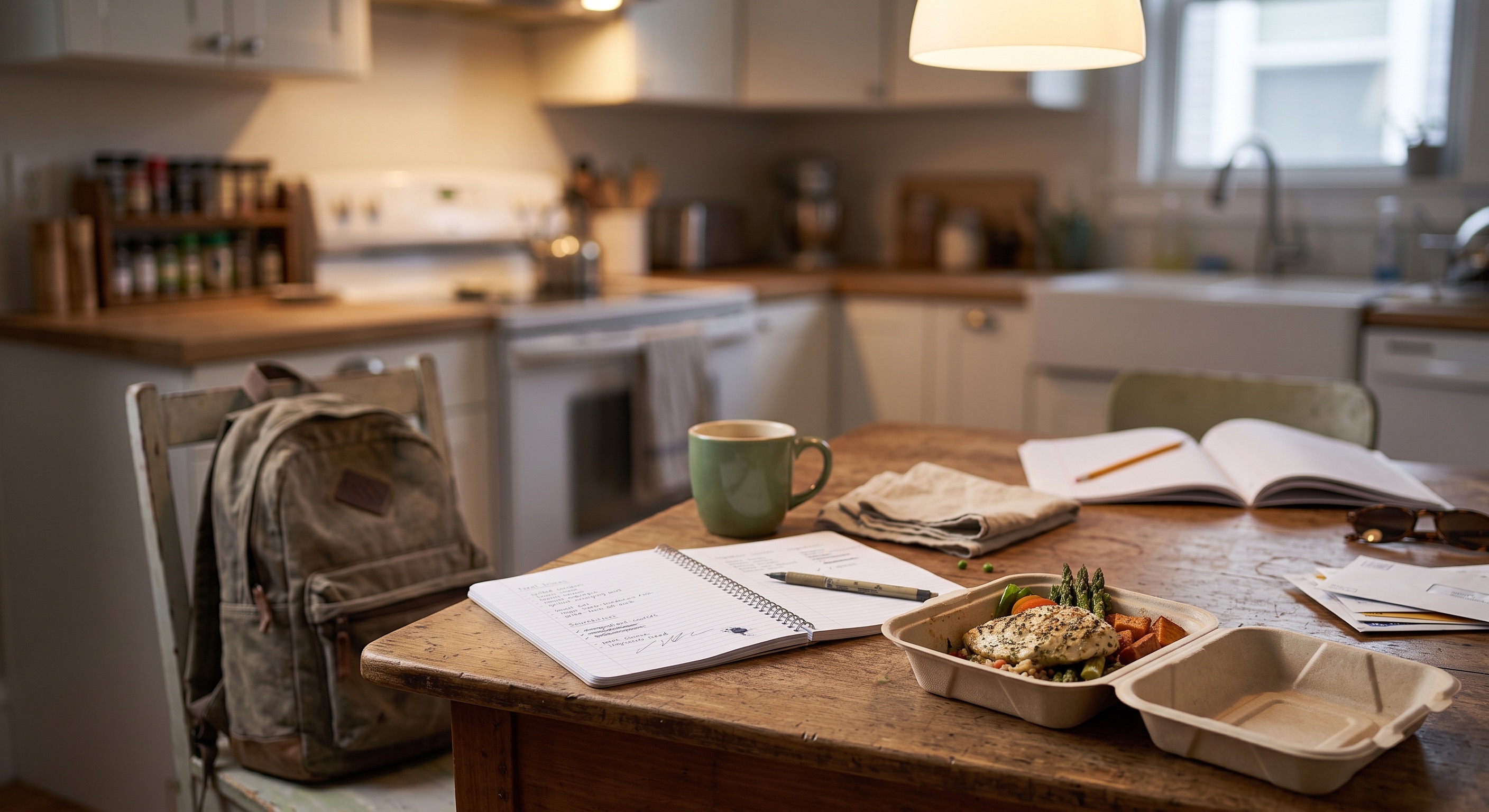 A kitchen table at dusk with a backpack on the chair, an open planner, and a prepared meal container