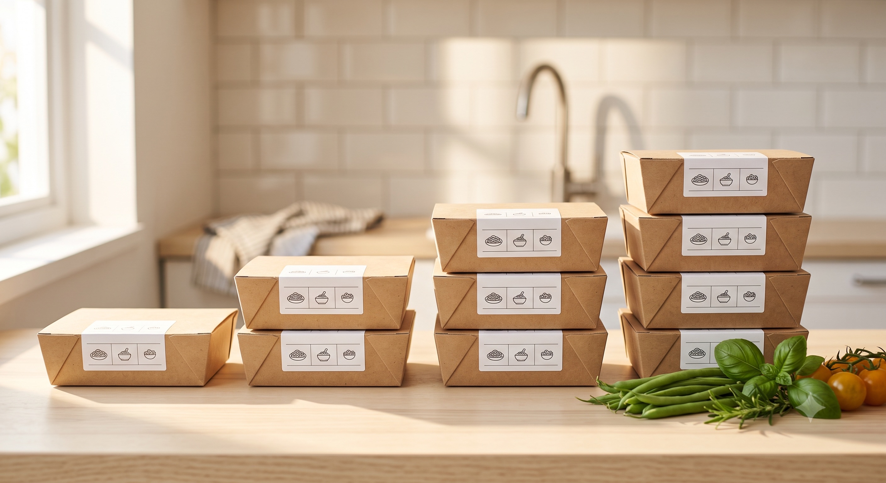 Labeled kraft meal boxes stacked on a sunlit kitchen counter with fresh herbs