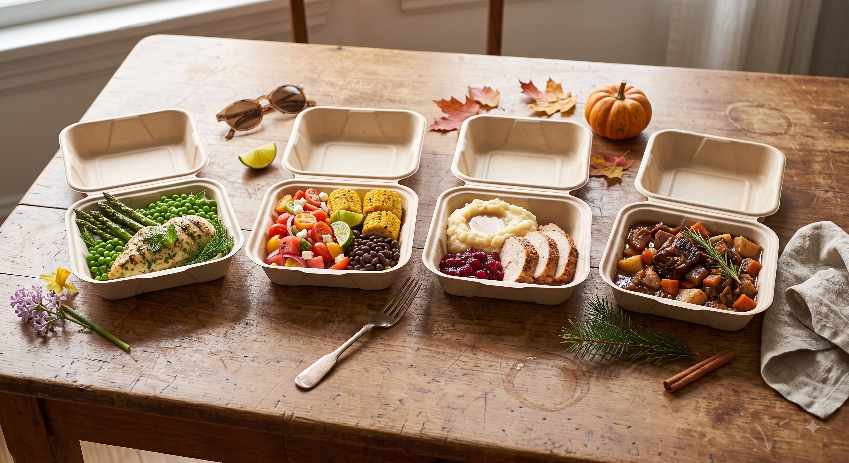 Seasonal meal prep containers on a farmhouse table with autumn leaves and a small pumpkin